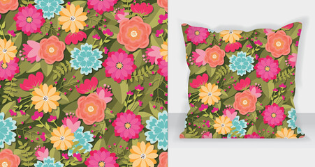 Beauty flowers pattern with Square pillow mockup.