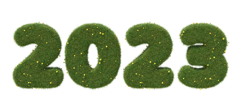 2023 year logo made of realistic grass with dandelions. Isolated on white background. 3D image