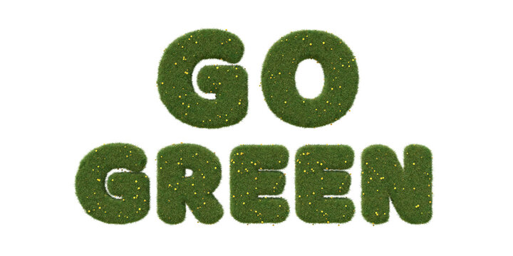 Text "go green" made of realistic grass with dandelions. Isolated on white background. 3D image