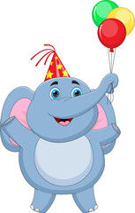 cartoon baby elephant  holding balloons and wearing a party hat