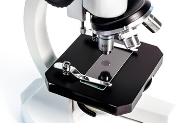 Lens of microscope close up. Research in scientific medical laboratory