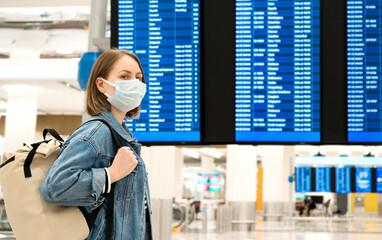 young woman wearing mask in the airport while waiting for her flight. Safety measures during pandemic travelling concept