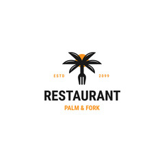 Tree palm and fork of restaurant logo icon design template