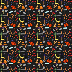 Colored construction build icons pattern. seamless doodle pattern with tools for construction. vector illustration on the theme of construction on dark background