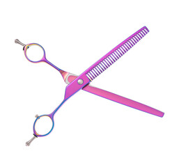Scissors for cutting people and pets. Grooming scissors. Opened scissors on a white isolated background. Side view.