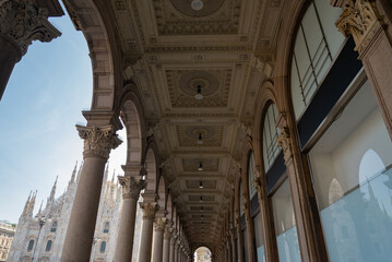 The famous covered arcade of the main square of Milan, Italy, close to the cathedral named 