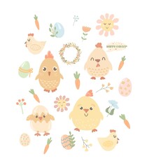 Easter set. Cute hand drawn chickens. Easter eggs illustration. Easter decor