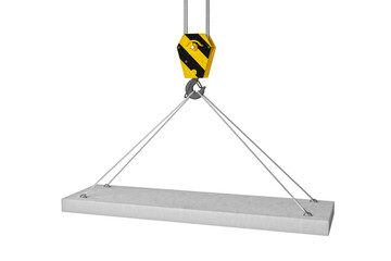 Slab hanged on crane hook by rope slings. 3d render