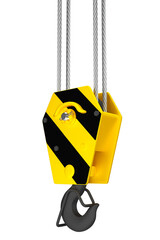 Black and yellow crane hook hanging on steel ropes 3d render