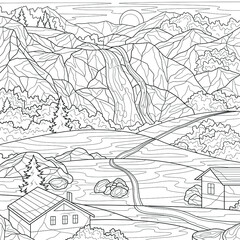 Houses in the mountains and a waterfall.Coloring book antistress for children and adults. Illustration isolated on white background.Zen-tangle style. Hand draw