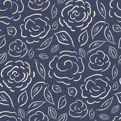 Cottage garden flowers seamless vector pattern background. Blue white line art farmhouse style. Hand drawn country flowers botanical outline backdrop.Cottagecore aesthetic textural all over print.