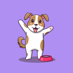 Fototapeta na wymiar Cute dog cartoon standing with water bowl, vector cartoon illustration, cartoon clipart