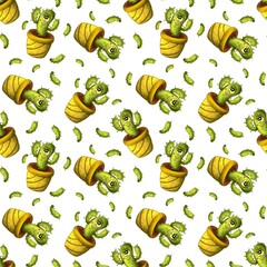 Seamless pattern of potted green cacti a pot