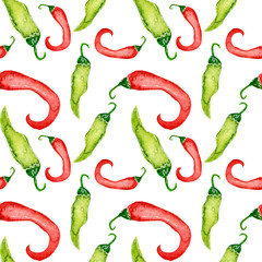 Colorful seamless pattern with watercolor green and red peppers on white background.