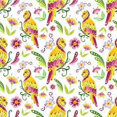 Bright watercolor seamless pattern, birds with botanical element on white background. Exotic pattern in mexico style.