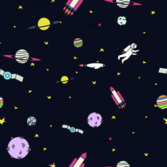 Dark seamless pattern on the theme of space. Planets, rocket, astronaut in outer space. Vector illustration.