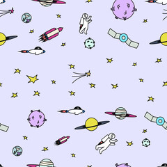 Light seamless space pattern. Planets, rocket, astronaut in outer space. Vector illustration.