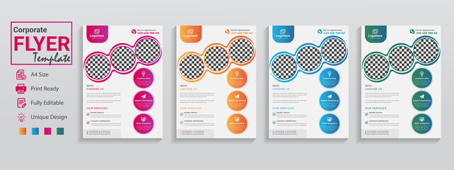 Simple 4 colors flyer design set for publication marketing advertising eCommerce. This editable a4 minimal flyer template can be customizable with 3 images inserted,  can be used for product promotion