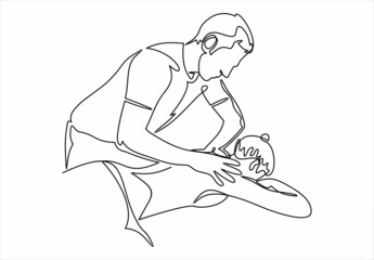 Relaxed woman getting back massage in spa with professional massage therapist. Wellness, healing and relaxation concept.Continuous one line