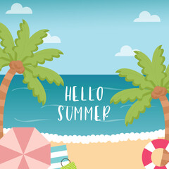 Hello summer with beach. Seascapes background. Vector illustration.