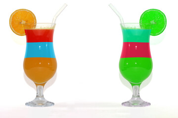 Colorful layered mocktails isolated on white background.