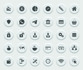 3d icon set for web, business icons, minimalistic icons, Black White Modern Round 3D Icons Vector Set.