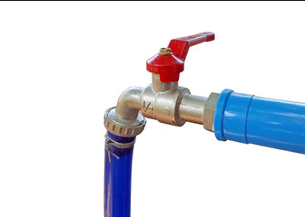 Faucet and blue hose on white background