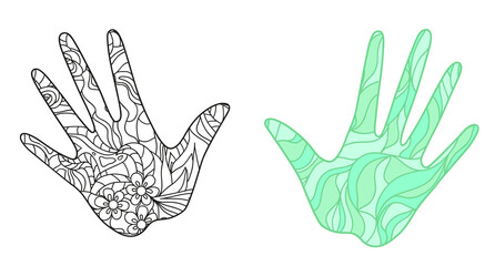 Hands on white. Abstract patterns on isolation background. Design for spiritual relaxation for adults. Zen art. Doodles for banner, poster, t-shirt and textiles