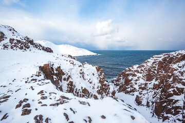 Barents Sea bay New Teriberka. Winter landscape. Russia