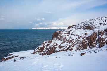 Shore near New Teriberka winter landscape. Russia