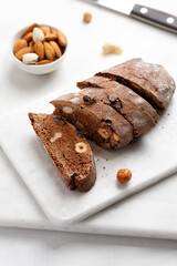 Italian chocolated  cantucci with almond and hazelnuts. Biscotti cookies with nuts. Homemade biscotti.