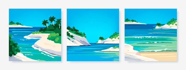 Schilderijen op glas Set of vector landscape background. Beautiful illustration of sandy summer beach. Summer holidays poster or banner design template © AM_art
