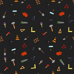 Colored construction build icons pattern. seamless doodle pattern with tools for construction. vector illustration on the theme of construction on dark background