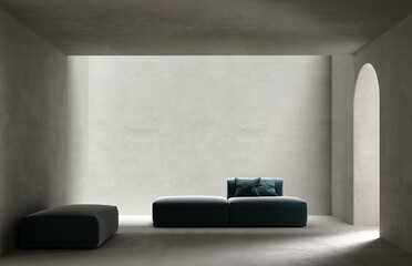 3d rendering of an empty concrete room with an entrance archway and a large soft sofa, empty space for product presentation.