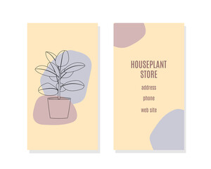 Houseplant store bisiness card, flyer. Florarium, home garden, greenhouse, gardening and potted plant concept