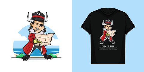 Illustration Vector Graphic of Cute Pirate Girl is Reading Map with T-Shirt Mockup Design