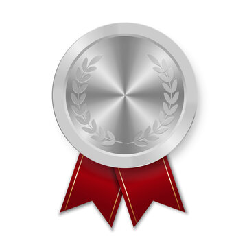 Silver award sport medal for winners with red ribbon