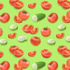 The pattern is seamless. Ripe tomatoes and cucumbers and slices of tomatoes and cucumbers on a green background in vector. Vegetables, fruits and vitamins. Healthy and proper nutrition. Label.