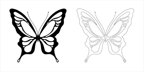 Butterfly vector illustration. The silhouette of an insect, a beautiful butterfly, a contour, a line drawn on a white background. - 499152149