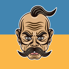 Cossack with mustache vector illustration in colorful cartoon style on yellow blue ukrainian flag background