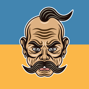 Cossack with mustache vector illustration in colorful cartoon style on yellow blue ukrainian flag background