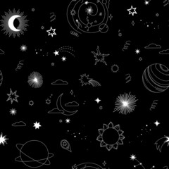 Modern hand drawn vector seamless pattern - cosmos and planets, stars, sun, comets. Universe line drawings. Solar system background. Trendy space signs with magic motifs, constellation, moon phases © Kate Macate
