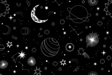Modern hand drawn vector seamless pattern - cosmos and planets, stars, sun, comets. Universe line drawings. Solar system background. Trendy space signs with magic motifs, constellation, moon phases © Kate Macate