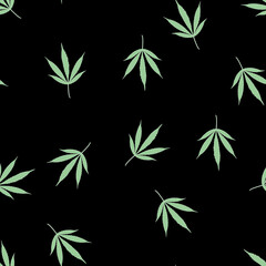 Patrón de plantas de cannabis sobre fondo negro