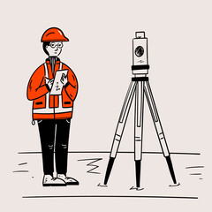Surveyor in a helmet with engineering equipment measures. Land management