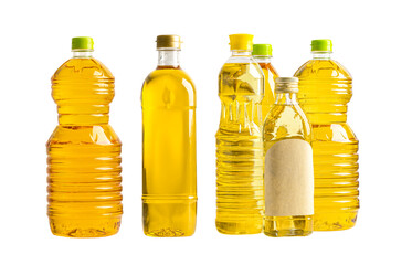 Vegetable oil with olive oil in different bottle for cooking isolated on white background