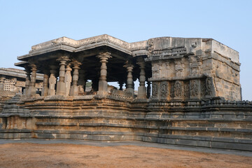 Fototapeta na wymiar Ancient Hoysaleswara Hindu Temple Complex at Halebidu, developed under the rule of the Hoysala Empire between the 11th and 14th centuries, It is the largest monument in Halebidu, Karnataka, India.