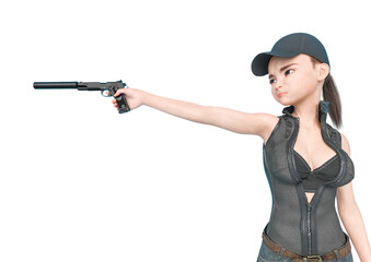 adventure girl is pointing a pistol in a white background