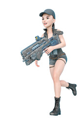 adventure girl is running with a gun in a white background