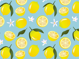 Seamless pattern of lemons, flower and leaves on blue background.